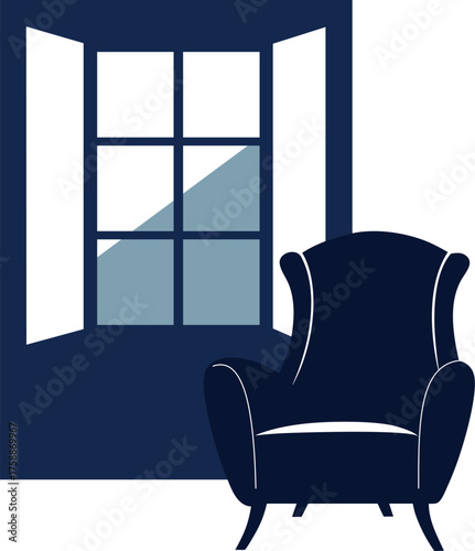 Silhouette of an armchair in front of a window isolated on white background isolated on transparent background
