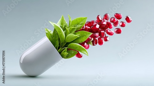 Pill is shown with a leaf and red fruit inside. The pill is shaped like a capsule and has a green leaf on top. The fruit is scattered throughout the pill