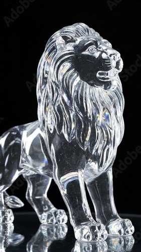 Crystal lion statue against black background reflective surface