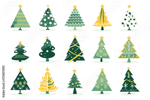 Collection of six diverse green fir trees isolated on for festive design illustration