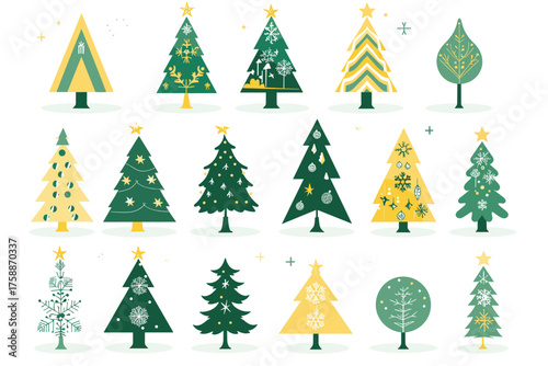 Collection of six diverse green fir trees isolated on for festive design illustration