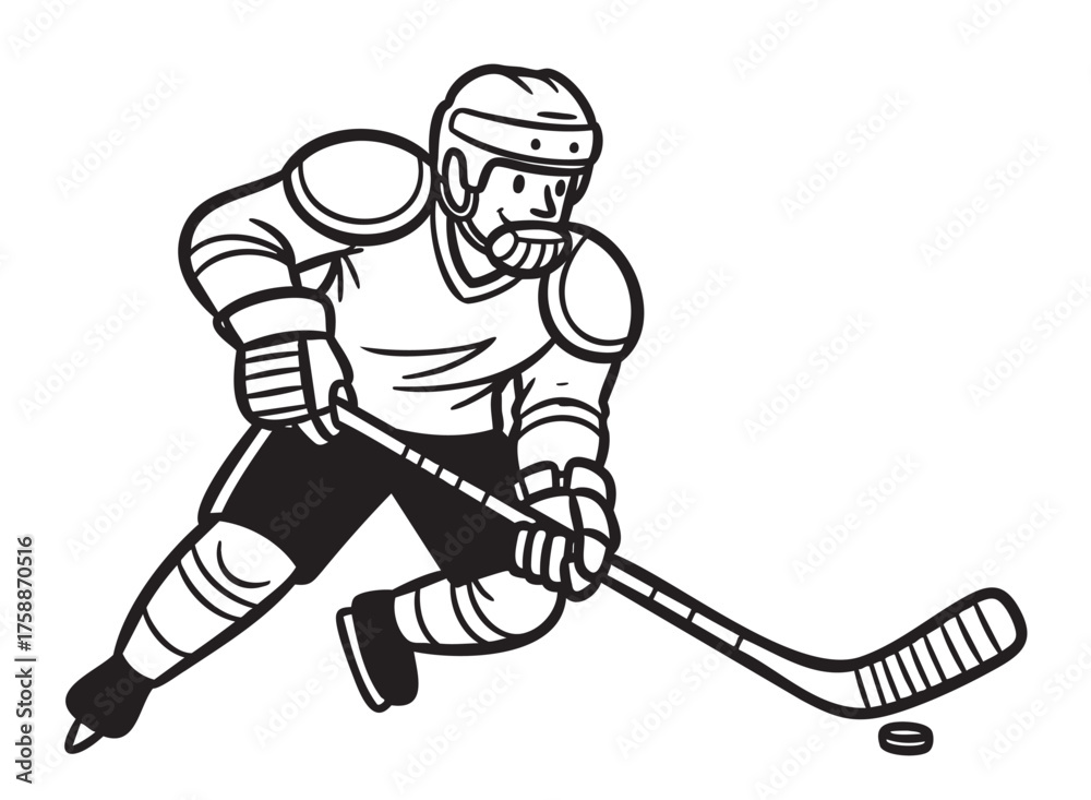 Obraz premium Black and white line drawing of a male ice hockey player in full gear, focused on advancing the puck with his stick.