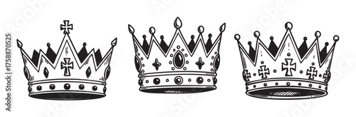 Three intricately designed black and white crowns, each with unique patterns, featuring crosses and decorative elements.
