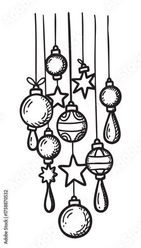 Black outline drawing of hanging decorative christmas ornaments including baubles and stars, creating a festive arrangement.