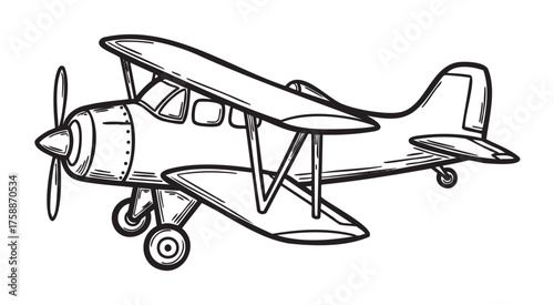Black outline of a vintage biplane with a propeller, featuring detailed wings and landing gear, reflecting classic aviation design.