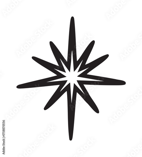 Black outline of an eight-pointed starburst icon with sharp, elongated points in a symmetrical design.