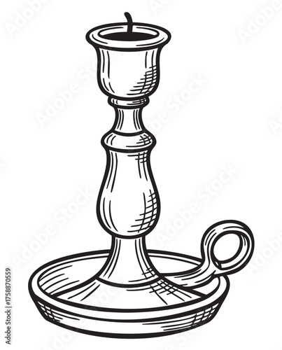 Black outline vector illustration of a candlestick holder with a simple, elegant design, featuring a round base and a single unlit candle.