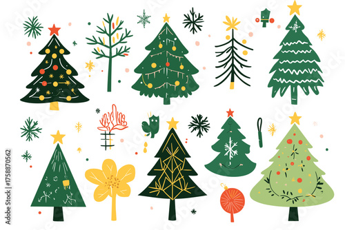 Six decorated green christmas trees variety festive holiday ornaments on illustration