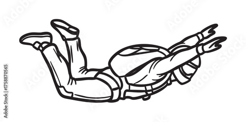 Black outline drawing of a skydiver in a freefall position with arms extended and legs bent, wearing a jumpsuit and helmet.