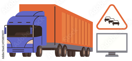 Freight truck with orange container, traffic congestion warning sign, and computer screen. Ideal for logistics, delivery, supply chain, transportation, fleet management, road safety digitalization