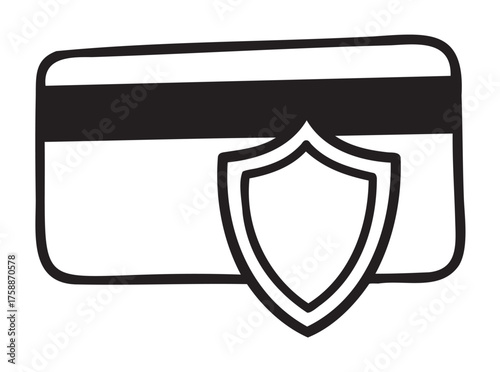 Black outline of a credit card with a large shield icon, representing financial security and protection.
