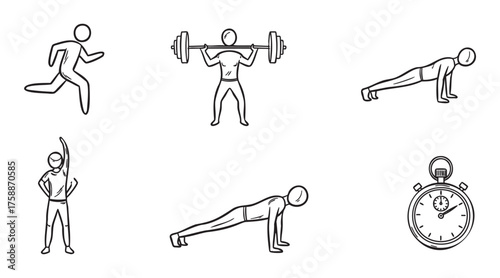 Black outline illustrations of fitness activities including running, weightlifting, push-ups, stretching, and a stopwatch icon.
