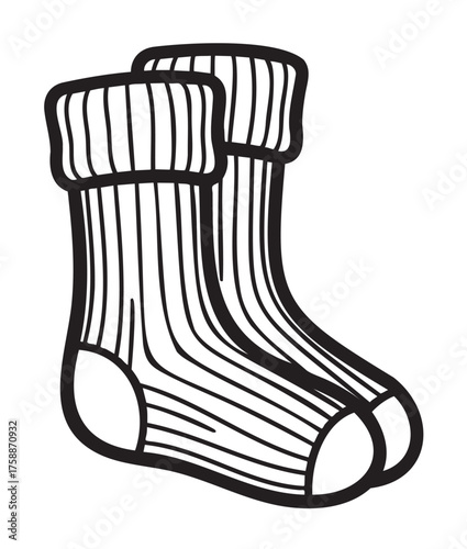 Black outline drawing of a pair of simple, cozy socks with ribbed cuffs, suitable for warmth and comfort.
