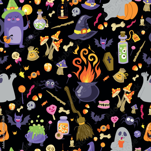 Cute Hand Draw Happy Halloween holiday Seamless Pattern background. Pumpkin, Ghost, Bat. Flat style with vector elements. Wallpaper illustration texture beautiful desing repeat design for fabric print