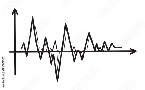 Black outline graph of a fluctuating line with multiple peaks and troughs on an x and y axis, representing data variation or statistical analysis.