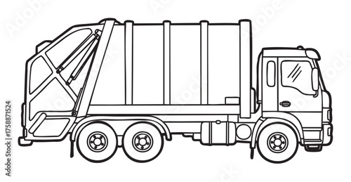 Black outline drawing of a garbage truck with side loader in a detailed profile view, highlighting its compartments and wheels.