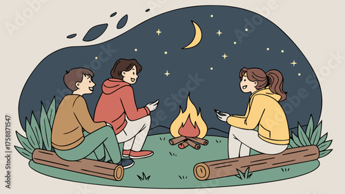 A group of friends are sitting around a campfire at night, telling stories and enjoying each others company under the starry sky with a crescent moon