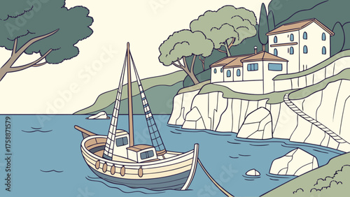 A picturesque seaside village with a boat anchored in the bay, houses on the cliff, and trees under a clear sky
