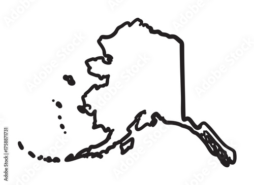 Black outline map of the state of alaska, featuring simplified geographic contours including mainland and surrounding islands.