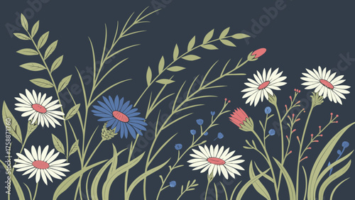 A serene wildflower field illustration with daisies and cornflowers on a dark blue backdrop, evoking a sense of calm and natural beauty in a simple design