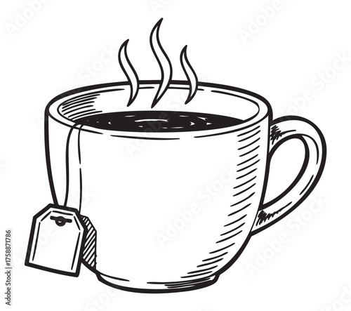 Monochrome drawing of a steaming cup of tea with a teabag hanging on the handle, conveying a warm and inviting tea experience.