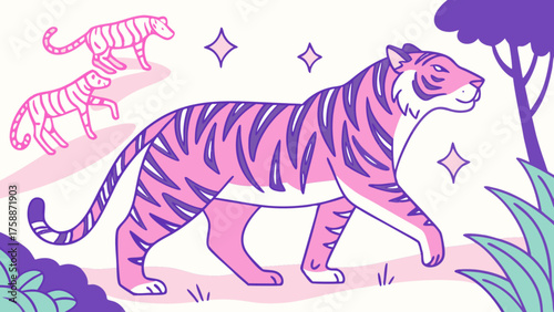 A pink tiger gracefully walks through a stylized jungle, with other tigers in the background, showcasing a whimsical and vibrant illustration