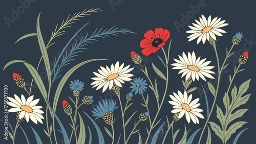 A charming field of wildflowers illustration featuring daisies, cornflowers, and a poppy, set against a dark blue background, creating a serene and natural scene
