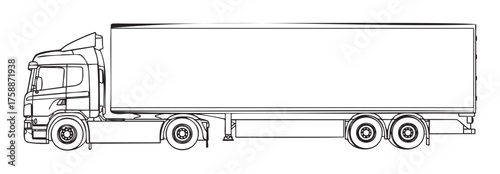 Black outline of a semi-truck with a large rectangular trailer in a side view. clear linear depiction for transportation and logistics concepts.