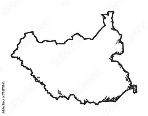 Hand-drawn outline illustration of the south sudan map with jagged edges representing its geographical boundaries.