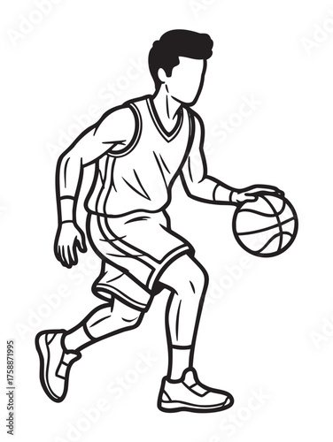 Outline drawing of a male young adult dribbling a basketball, wearing a sports jersey and shorts, captured in motion.