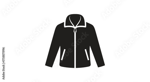A simple black silhouette of a zipped up jacket with a collar and pockets on a white background silhouette