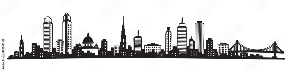 Naklejka premium Black silhouette of a city skyline featuring various high-rise buildings and a distinctive bridge on the right.