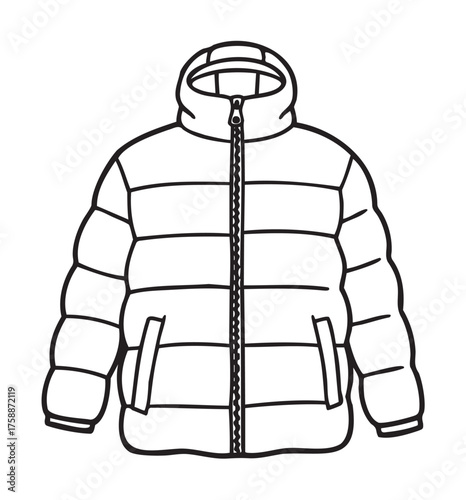 Black outline vector icon of a simple puffer jacket with a front zipper and two pockets, suitable for winter clothing and fashion concepts.