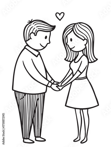 Black and white line drawing of a smiling couple holding hands, with a heart above them, depicting a romantic and affectionate scene.