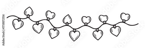 Black outline illustration of a string of heart-shaped lights, designed in a simple linear style for decorative and festive concepts.