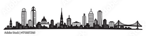 Black silhouette of a city skyline featuring various high-rise buildings and a distinctive bridge on the right.
