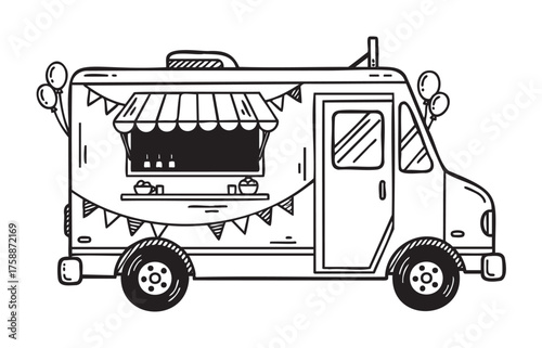 Black outline sketch of a food truck adorned with balloons, flags, and a window awning, featuring open counter service.