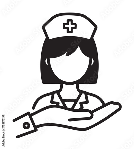 Minimalistic black and white line drawing of a female nurse with a bob haircut and a nurse's hat, supported by an open hand below.