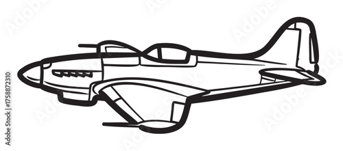 Black outline illustration of a vintage fighter plane with distinctive twin tail fins, emphasizing its classic aviation design.