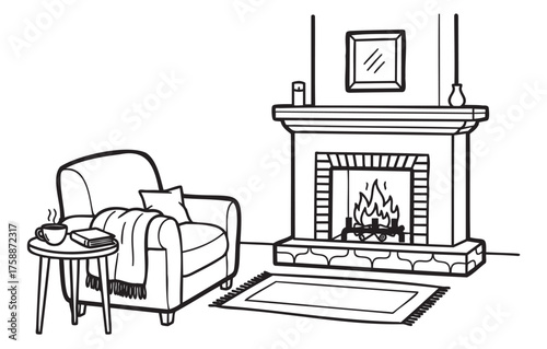 Black and white drawing of a cozy living room featuring an armchair with cushions, a small round table with a book and steaming mug, and a lit fireplace with a decorative mantle.