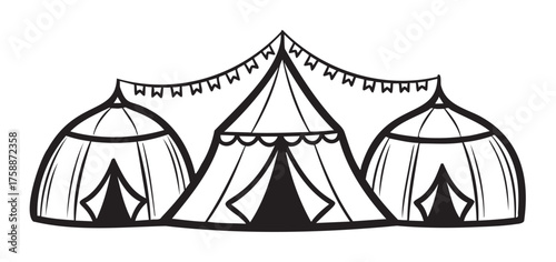 Black outline icon of three circus tents with triangular entrances and decorative flags. minimalist illustration for entertainment and event concepts.