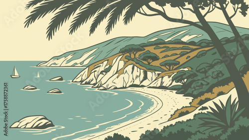 Scenic coastline illustration featuring a sandy beach, turquoise sea, and lush green vegetation, capturing the essence of a tranquil mediterranean getaway