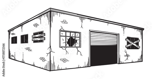 Black and white outline of an old, abandoned warehouse with boarded windows, a broken window pane, and visible wall cracks.