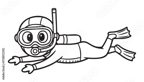 Black outline vector illustration of a cartoon scuba diver with a helmet, snorkel, and fins, swimming underwater.