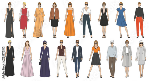 Diverse collection of women's fashion outfits showcasing various styles and colors for different occasions and seasons perfect for fashion blogs style guides and clothing catalogs