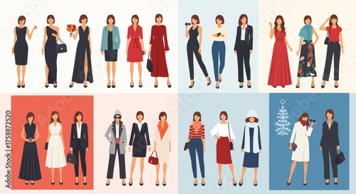 Collection of stylish women's fashion outfits showcasing diverse styles for various occasions from elegant dresses to casual wear and professional attire on a splittone background