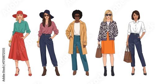 Diverse group of stylish women showcasing vintage fashion trends with colorful outfits and accessories in a retro inspired editorial spread for a fashion magazine or blog post design