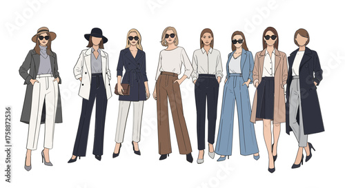 Stylish women showcasing diverse fashion trends and elegant outerwear in a chic editorial illustration perfect for fashion blogs and style guides offering inspiration and sophistication for modern war