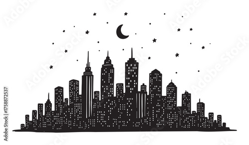 Black silhouette illustration of a city skyline with various tall buildings, a crescent moon, and scattered stars in the night sky.