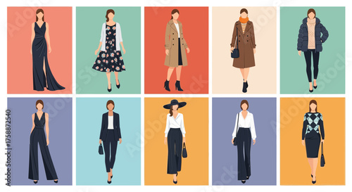 Diverse collection of stylish women's fashion outfits showcasing various styles and trends for different occasions and seasons in a colorful and modern presentation that is visually appealing
